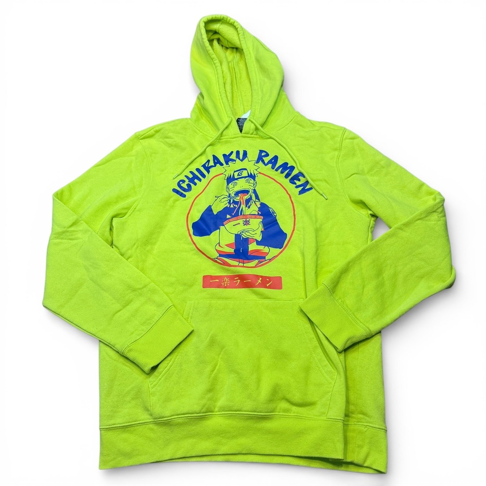 VTG Y2K Naruto Ichiraku Ramen Neon Green Graphic Hoodie Sweatshirt Mens Large